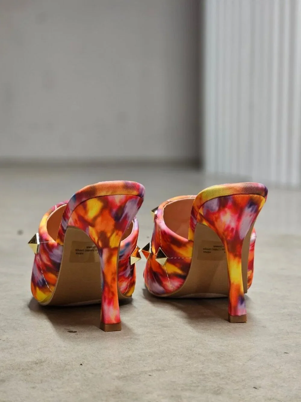 Colorful Tie-Dye Studded High Heel Mules With Quilted Detail & Open Toe Design F